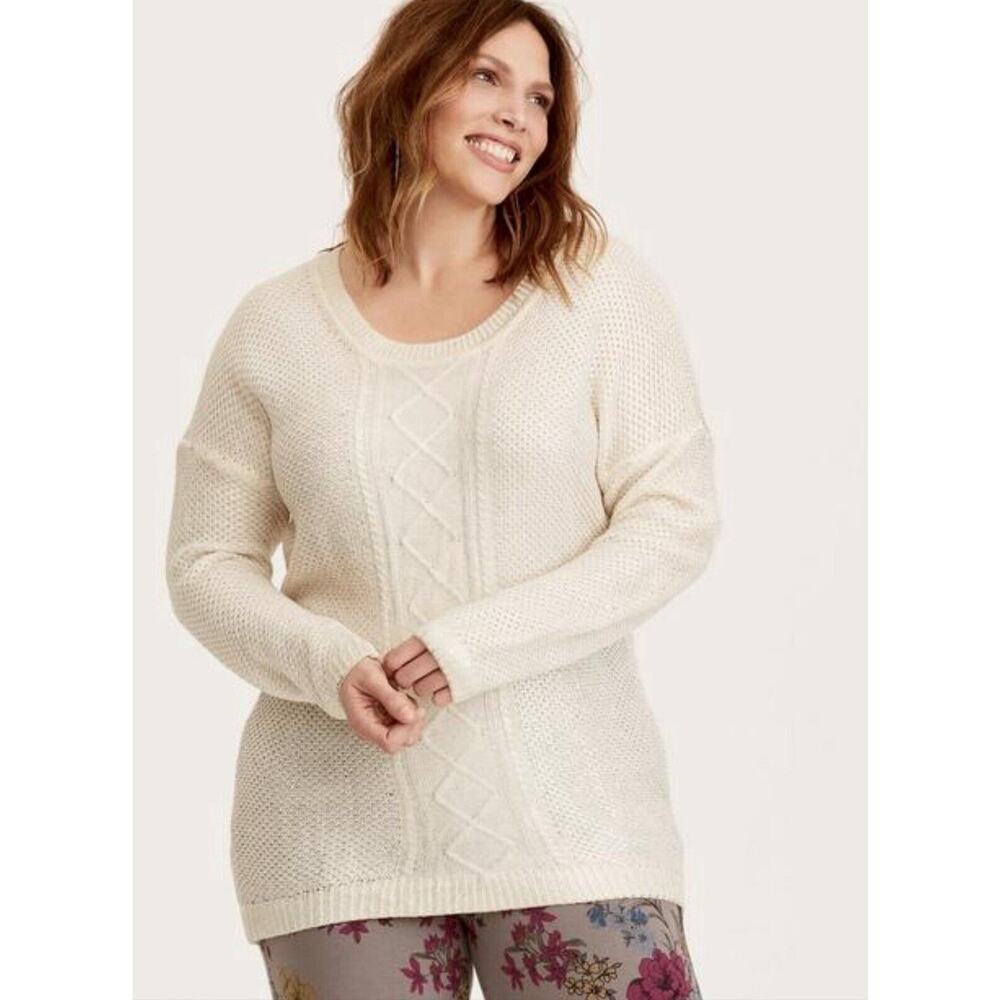 Torrid 3 3X Ivory Metallic Cable Knit Sweater‎ Scoop Neck Pullover Gold Holidays